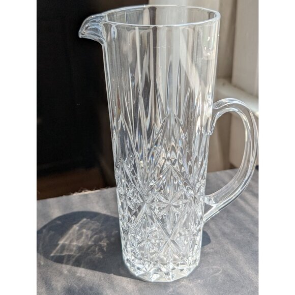 Vintage Clear Heavy Crystal Pitcher With Diamond Cut Design & Handle - Picture 1 of 4